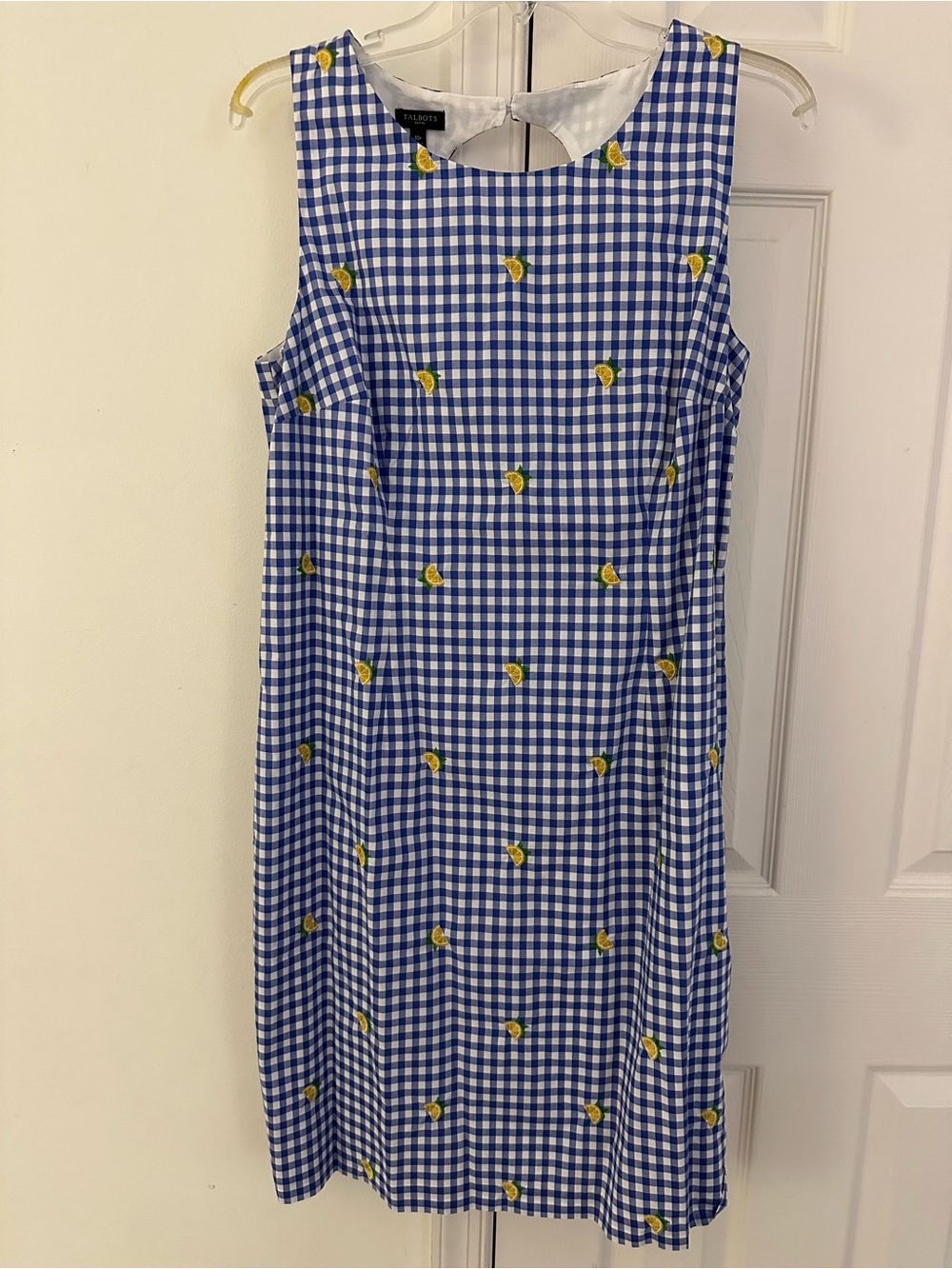 Talbots Petite Blue and White Gingham Dress with Yellow Lemon Detail